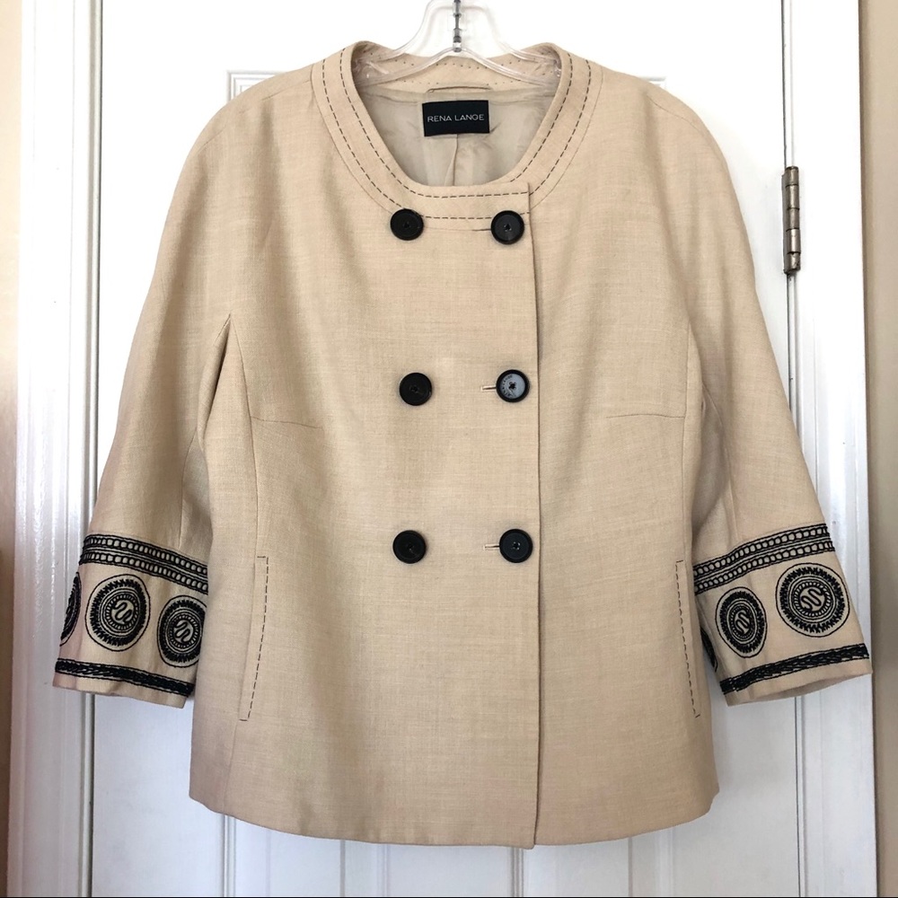 RENA LANGE Tan Crew Neck Double Breasted Blazer Size 14
